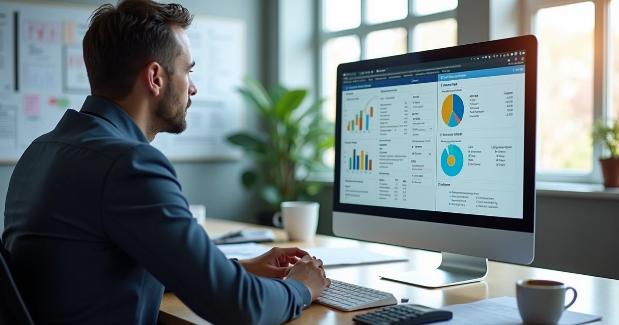 Profissional analisando custos de módulos fiscais em um escritório moderno com tela de computador exibindo gráficos financeiros detalhados