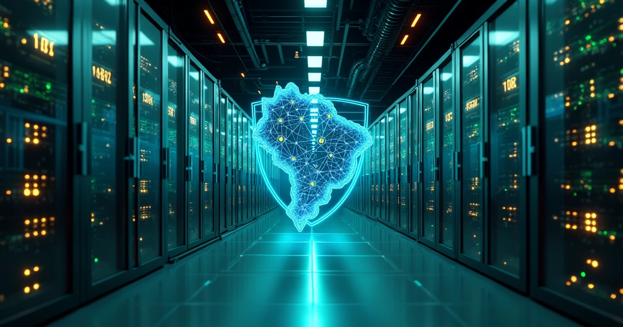 Centro de dados moderno com racks iluminados e escudos de proteção digital