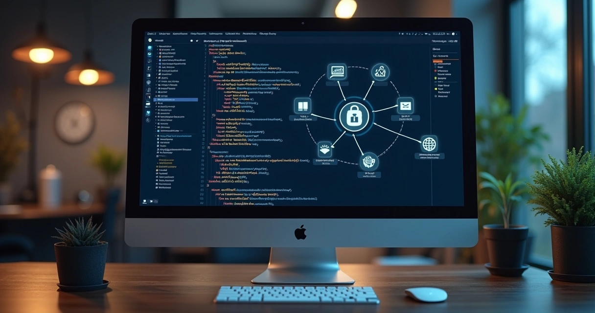 Tela de computador exibindo código de API e ícones de webhook conectados a sistemas de notas fiscais eletrônicas