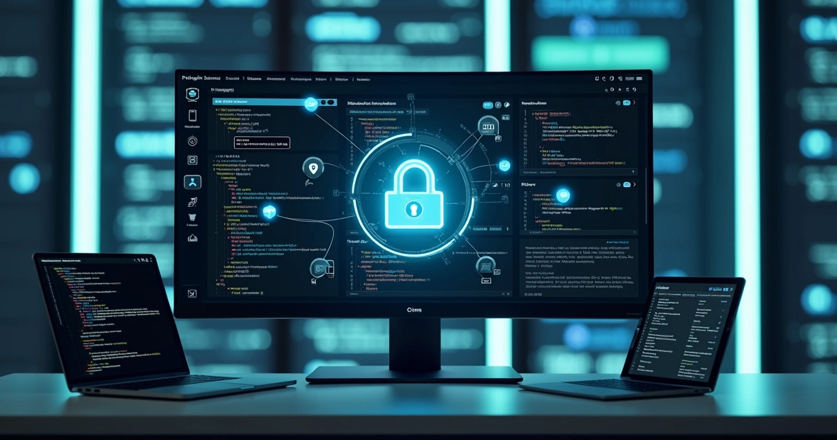 Painel com API fiscal protegida por cadeado digital e ícones de segurança