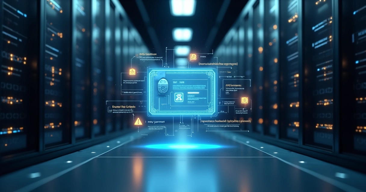 Servidor em rack com certificado digital projetado em holograma
